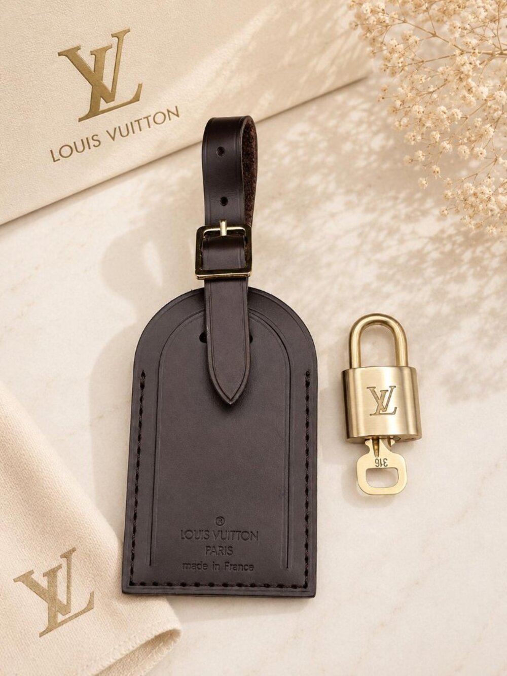 Authentic Louis Vuitton Brown Luggage Tag & Gold Padlock with Key-Made in France